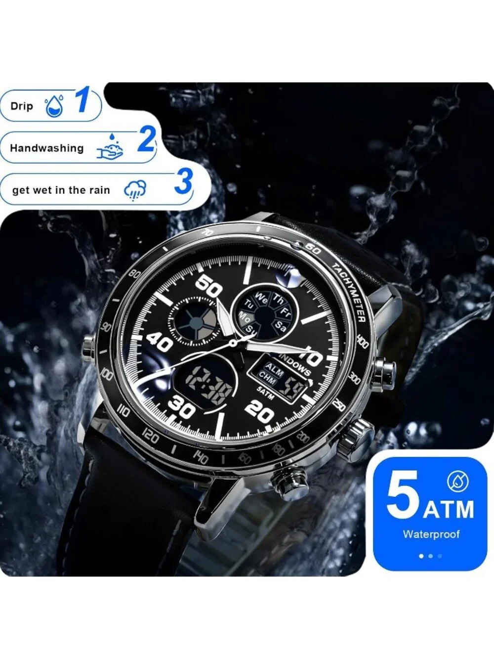 Men's All Black Analog Leather Waterproof Military Multifunctional Digital Watch